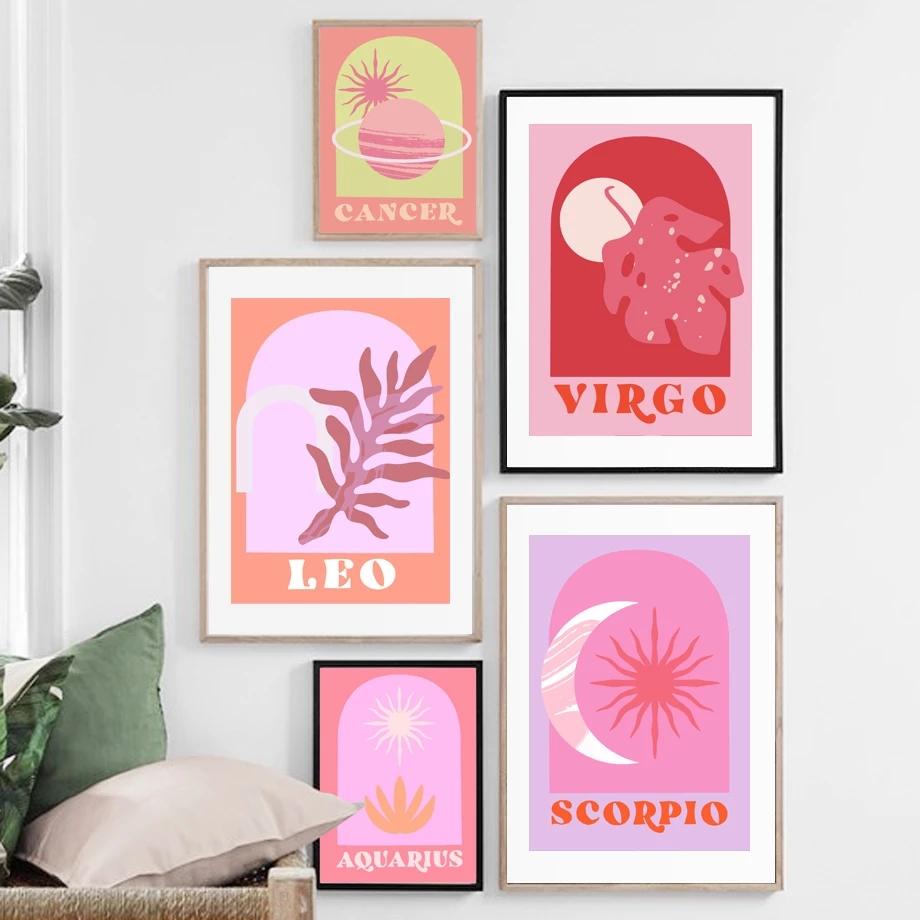 Рамка из цельного дерева Рак Лев Знак зодиака Звезда Лист Бохо Ретро Стена Искусства Холст Картины Скандинавские Современные Плакаты Печатает Фотографии Спальня Домашний Декор