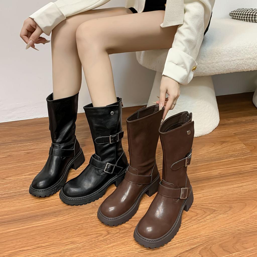 2025 зима новые сапоги-рыцари с длинным голенищем до колена на толстой подошве, сапоги крутые женские сапоги с ремешком с пряжкой, сапоги в стиле ретро, корейская версия