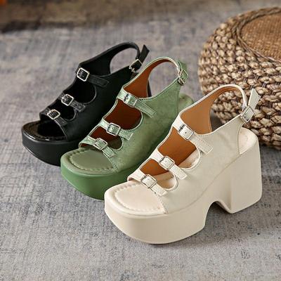 Летние женские босоножки на танкетке, на высоком каблуке, с открытым носком, винтажные, противоскользящие, кожаные, повседневные, женские, на платформе, ретро обувь