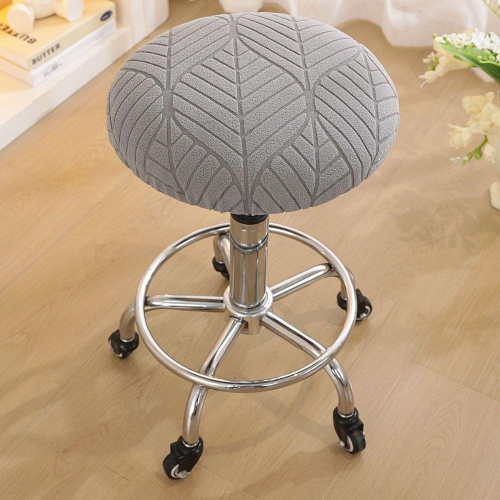 Jacquard Fabric Round Stool Cover Leaf Pattern Stool Slipcover Soft Chair Seat Cover