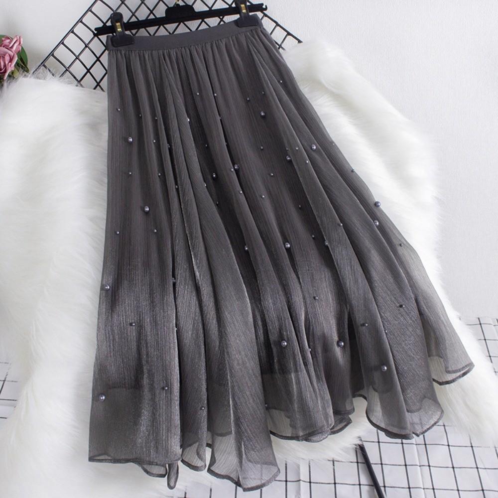 Qooth Women A Line Bead Chiffon Skirt Wide Hem Mid Length Elastic Waist Slim Casual Skirt QT2650