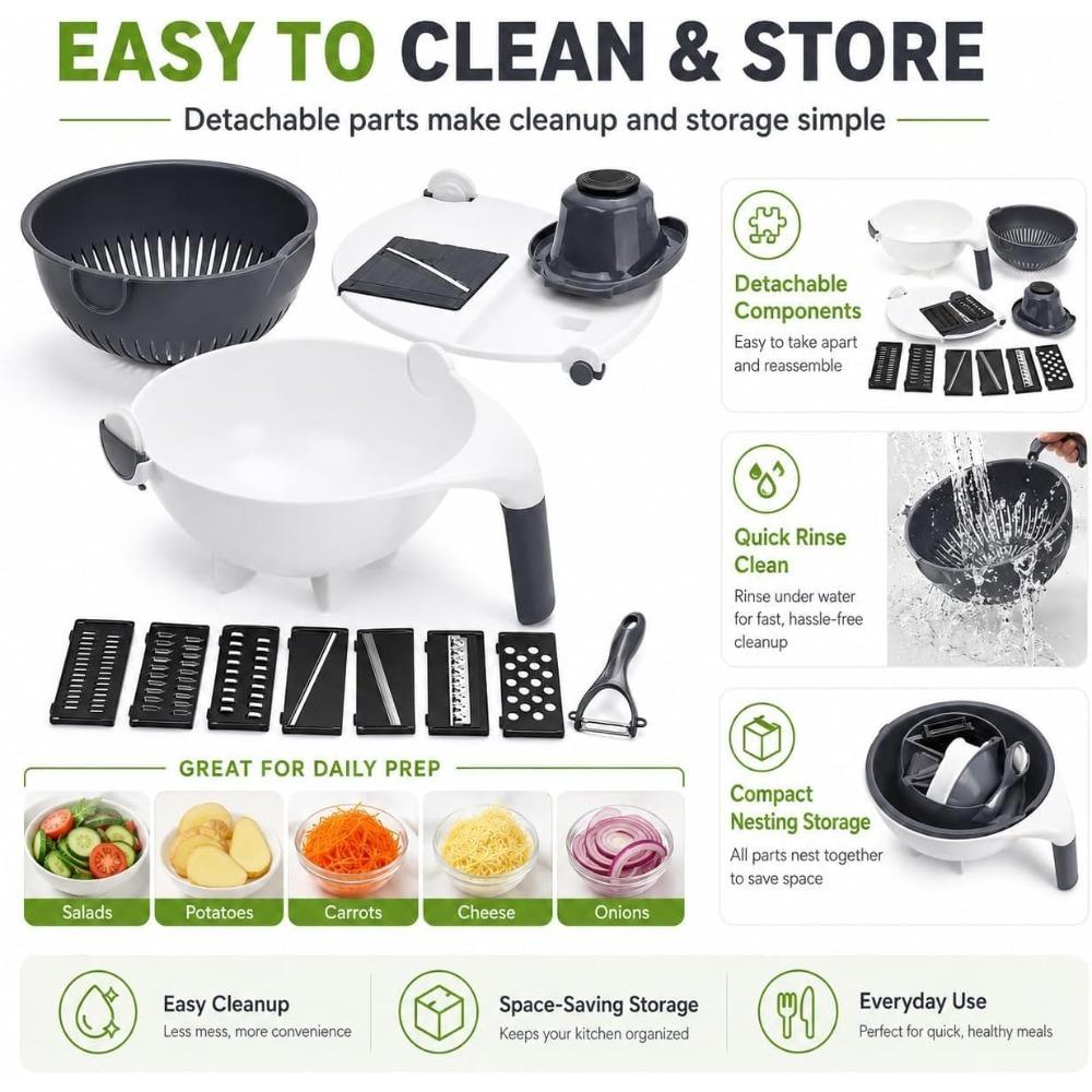 9 in 1 Vegetable Cutter with Drain Basket, Portable Chopper Grater with Rotatable Grater, Manual Kitchen Tool