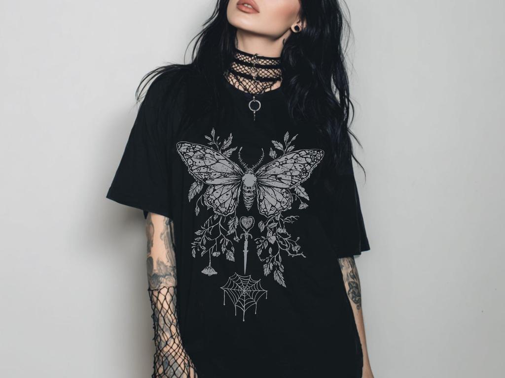 Butterfly Sword Y2K Goth Graphic T-Shirt, Floral Print Witchy Shirt, Fairy Grunge Dark Boho Top, Emo Alternative Clothing, Goth Gift For Her