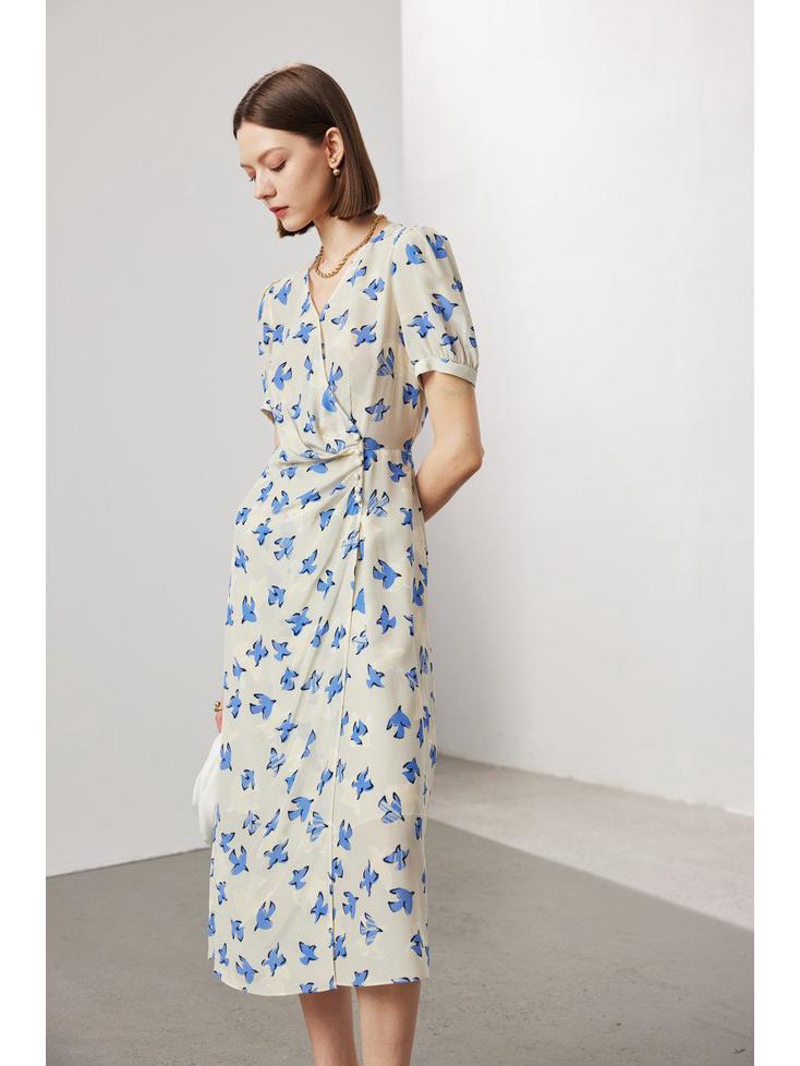 Женское шелковое платье с V-образным вырезом - Коллекция Весна/Лето 2025, с короткими рукавами, на подкладке из двойного крепа, 100% шелк тутового дерева.