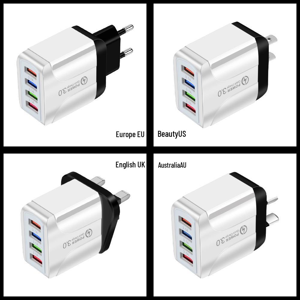 Цветное 4-портовое USB-зарядное устройство для путешествий 5 В / 2,4 А Быстрая зарядка - Австралийский стандарт