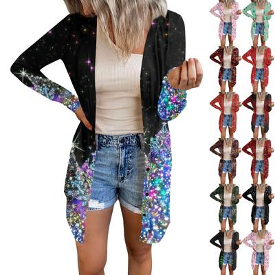 Длинный рукав Женский ретро принтованный топ Легкий базовый свободный жакет Кардиган Повседневные рубашки Рождество