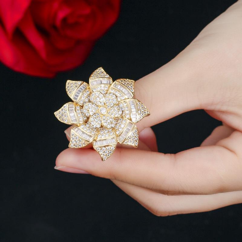 CMM Jewelry Designer Big Flower Yellow Gold Color Luxury Cubic Zirconia Engagement Wedding Rings Jewellery for Women