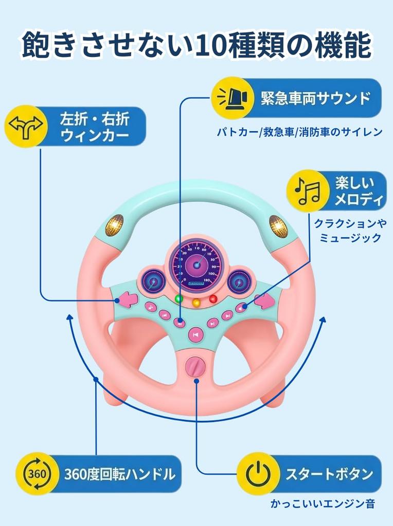 CocoPon Steering Wheel Toy [Adjustable Volume] Realistic Sound Driving Steering Wheel Passenger Seat (Pink)