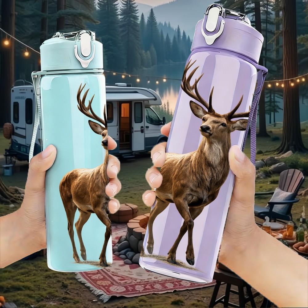 1PC Forest Stag Deer Animal Pattern 750ml Color Plastic Sports Water Bottle Leakproof Flip Straw Lid Suitable for Sports Office Home Use