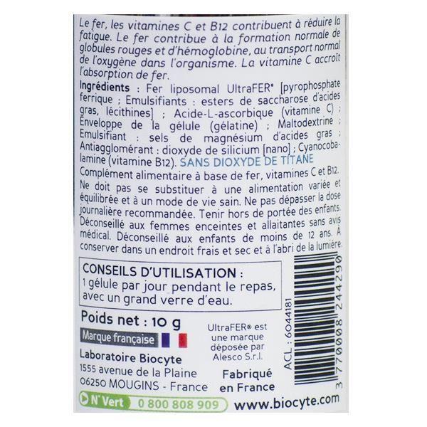 Biocyte Fer Liposomal Energie & Immunité Fer Vitamine C Vitamine B12 30 Gélules