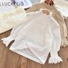 Кружевная белая нижняя футболка с длинными рукавами для девочек, весенняя детская кружевная блузка с высоким воротником, топы, осенняя детская одежда