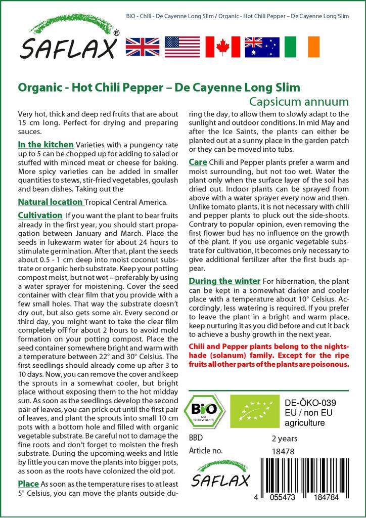 SAFLAX Garden in the Bag - Органический - Острый перец чили - De Cayenne Long Slim - 10 семян - С субстратом в подходящем пакете - Capsicum annuum