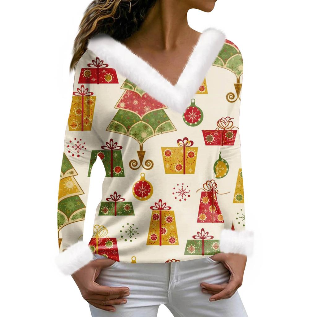 Женская футболка с рождественским принтом, футболка с длинным рукавом, флисовый воротник, топ с V-образным вырезом