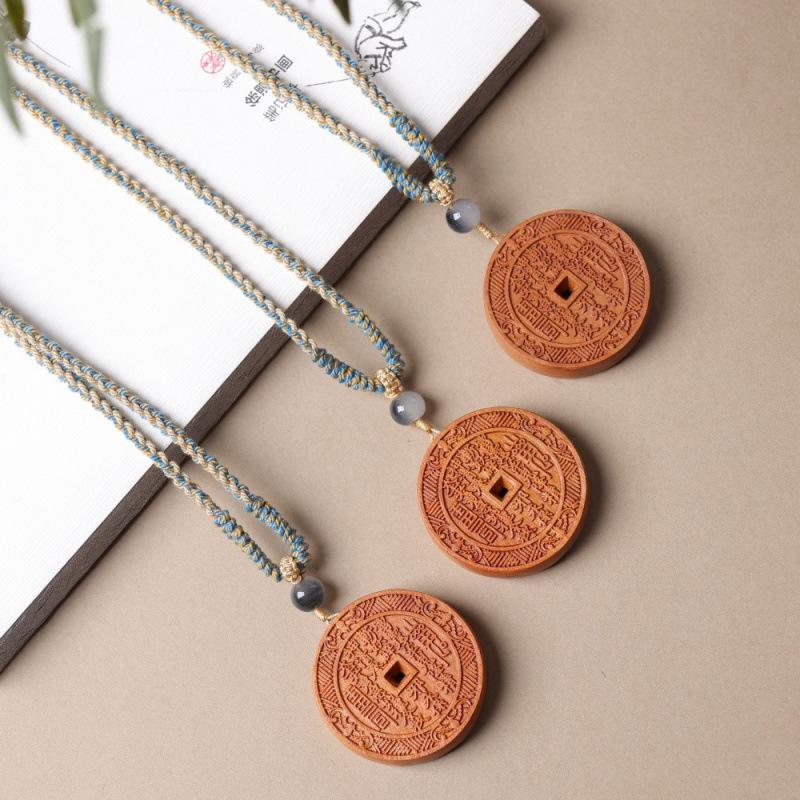 Jujube Wood Carved Mountain Ghost Necklace with Bagua Buckle and Seven Star Coin Pendant
