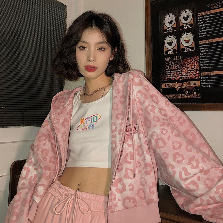Розовые толстовки в консервативном стиле с леопардовым принтом Y2K Harajuku, большие толстовки с капюшоном, женские винтажные укороченные топы на молнии, милая куртка