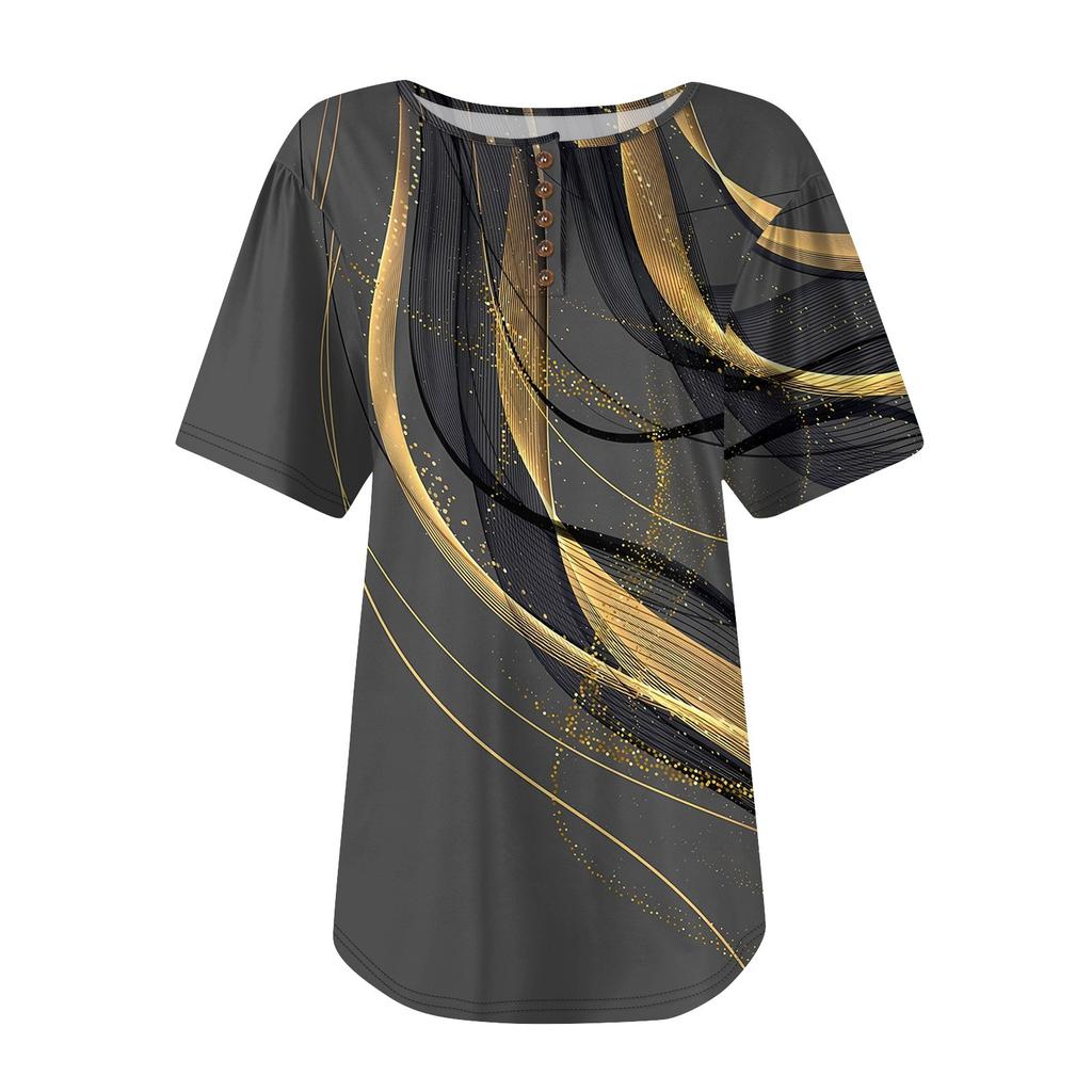 Women's Fashionable Casual Short Sleeve Button Print Round Neck Pullover Top