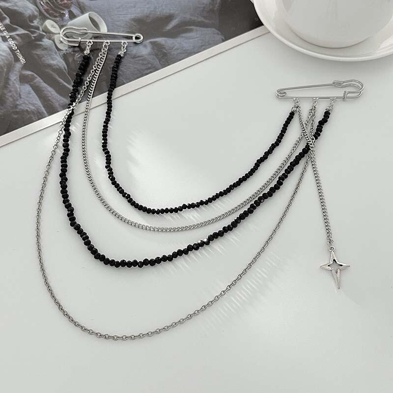 Fashion Red Rice Bead Tassel Brooches for Women Punk Multi-Layer Chain Star Pendant Brooches Suit Clothes Jewelry Accessories