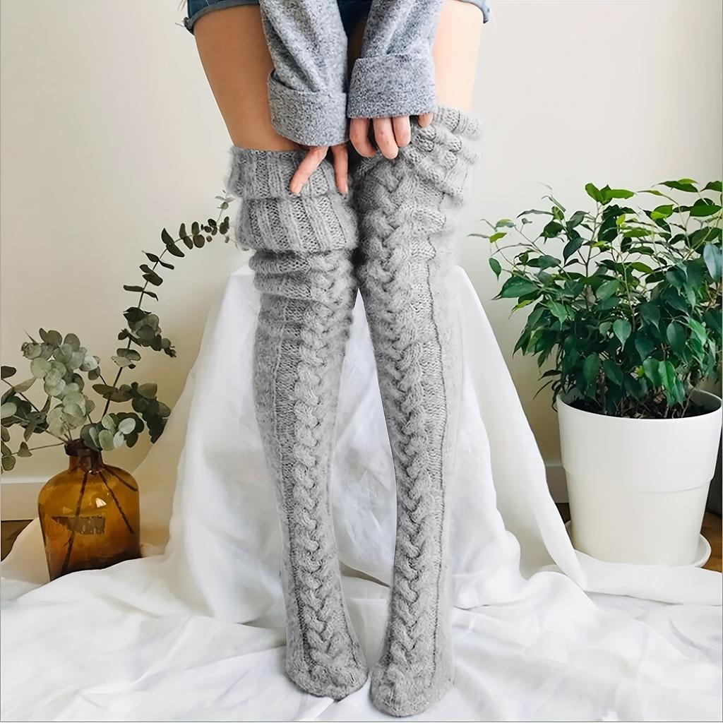 Winter Knitted Thigh High Socks for Women Warm Thick Knee Stockings and Hosiery