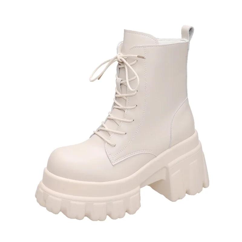 Fashion Lace Up Women High Platform Ankle Boots 2024 Winter Thick Sole Motorcycle Boots 9.5CM Heels Chunky Leather Sneakers Woman Shoes