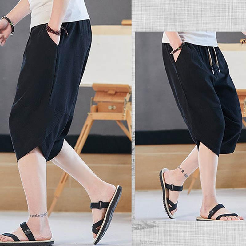 Мужские летние дышащие прохладные мягкие пот-поглощающие повседневные шорты Свободные шаровары большого размера с широкими штанинами однотонные укороченные брюки