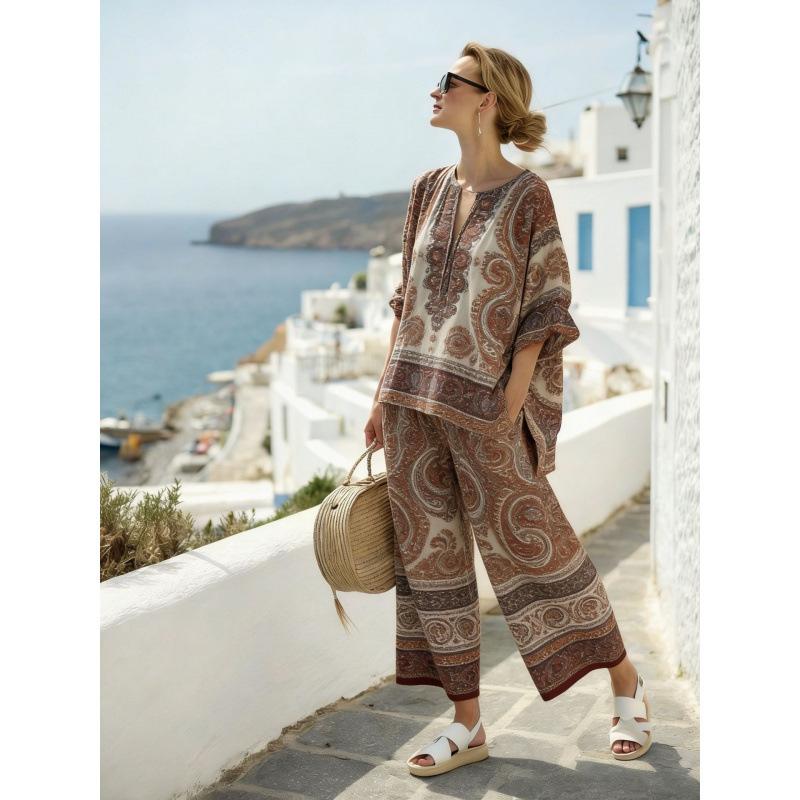 European and American casual style printing two-piece set 1116 new loose round neck shirt trousers set supply women's clothing