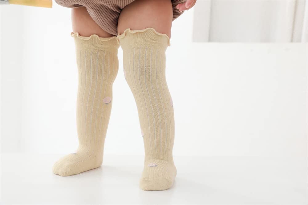 Детские чулки, носки, носки из хлопка, комплект из 3 пар с детскими милыми девчачьими цветочными узорами, бежевыми, розовыми, желтыми, для детей от 6 до 12 месяцев, противоскользящие