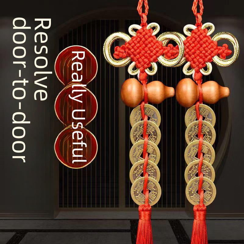 Красный 6-пластинчатый китайский узелок из чистой меди подвеска в виде пяти императорских монет для украшения двери с настоящей медной тыквой