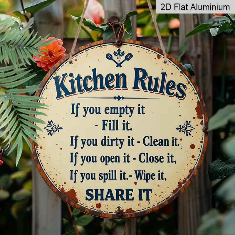 2D Flat 1pc, 8x8 in Printed Aluminum Metal Sign, Featuring Kitchen Rules Design, Round Aluminum Wall Art, Suitable for Decorating Patios, Porches