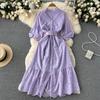 Summer New Casual Embroidery Holiday Dress Women Puff Sleeve Female Vintage Party Beach Long Midi Dresses With Belt