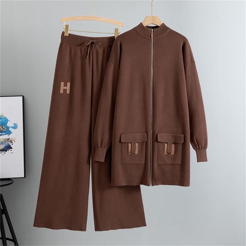 Женский осенне-зимний модный повседневный костюм средней длины, вязаная рубашка с открытым передом, брюки, костюм-двойка