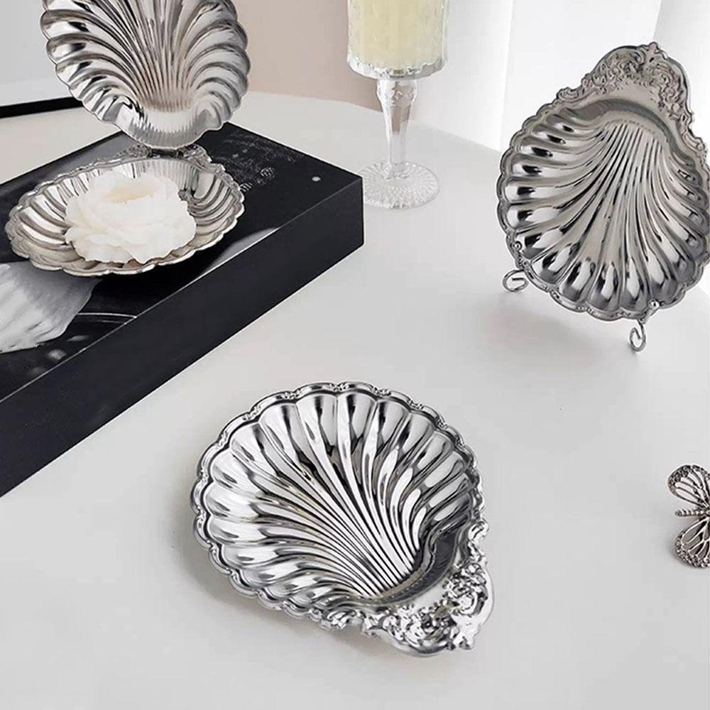 Silver Color Embossed Food Tray Vintage Shell Shaped Dish Dessert Plate Table Decoration