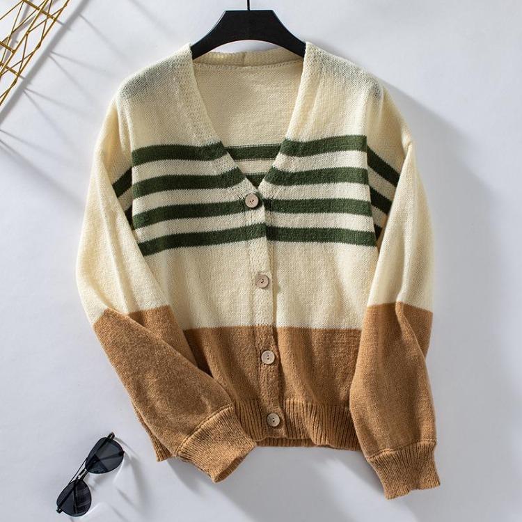 Vintage Stripe Cardigan Sweater Loose Knitwear Long Sleeve V-Neck Top Autumn Winter