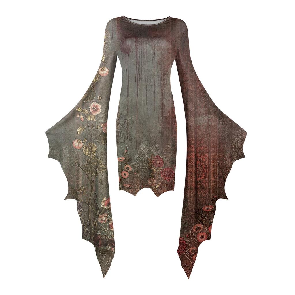 Женская мода готический панк летучая мышь рукава Хэллоуин принт нестандартное вечернее платье