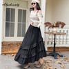 French Style Autumn Winter Women Maxi Long Skirt High Waist Light Blue Black Denim Skirt Layered Ruffles Irregular Princess Skirt