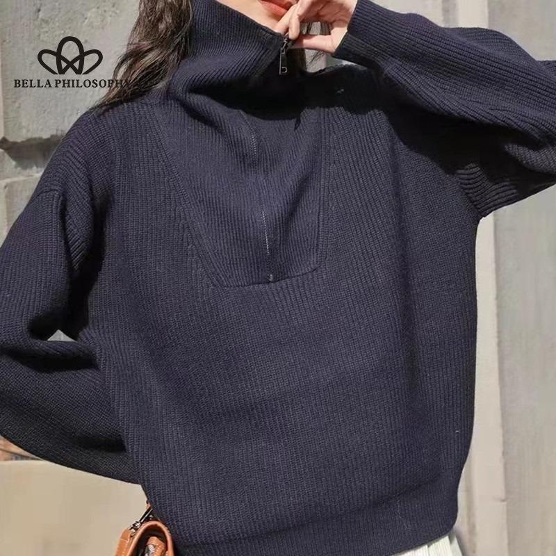 Новые осенние и зимние топы, свободный повседневный свитер с длинными рукавами, женский вязаный свитер с половиной молнии, женский свитер