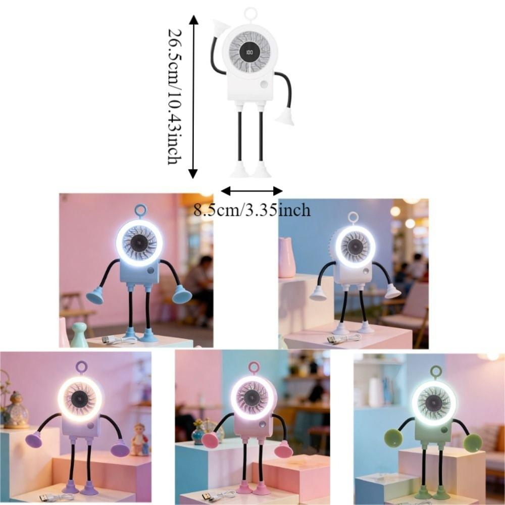 USB Rechargeable Robot Suction Cup Fan Quiet Operation Digital Display Desk Fan 5 Speed Adjustable Flexible Bendable