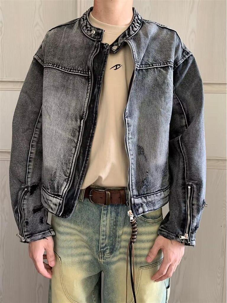 Мужская джинсовая куртка в стиле ретро со стойкой - Дизайн в японском стиле с эффектом стирки для пар, модная одежда для весны и осени.