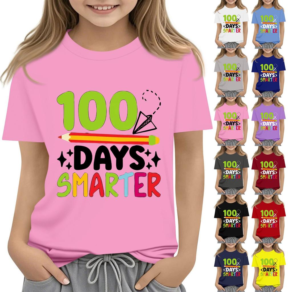 Happy 100th Day Of School Girls Boys Short Sleeve T Shirts Kids Tops Crewneck Tees