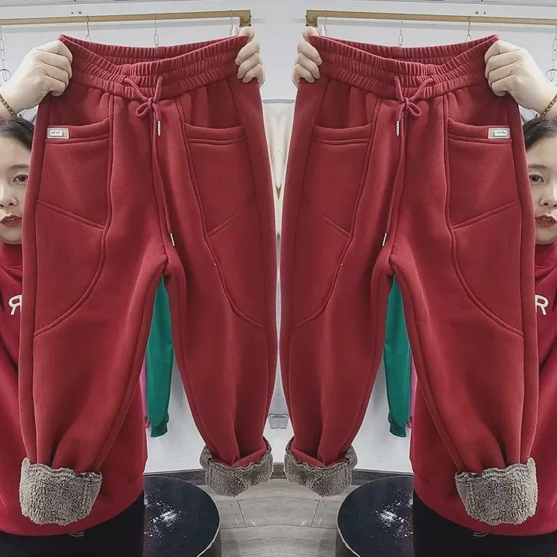 Утолщенные женские плюшевые брюки: Теплые, облегающие, повседневные шаровары для осени и зимы.