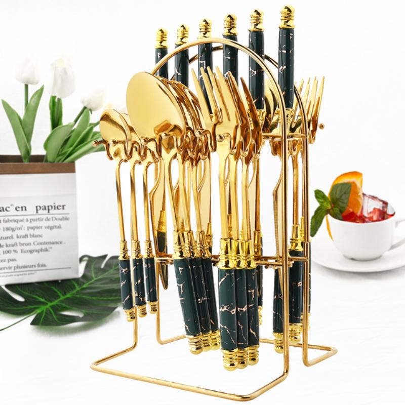 24 шт., набор посуды из нержавеющей стали с имитацией дерева, мраморной ручкой, западный нож, вилка, ложка, столовая посуда с 1 шт., набор держателей