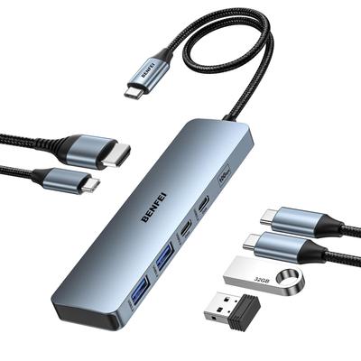 BENFEI USB C Хаб с поддержкой HDMI, высокоскоростная зарядка 100 Вт, высокоскоростная передача 10 Гбит/с, 2 x 2 x 2 силиконовый кабель, алюминиевый корпус в комплекте, совместим с a