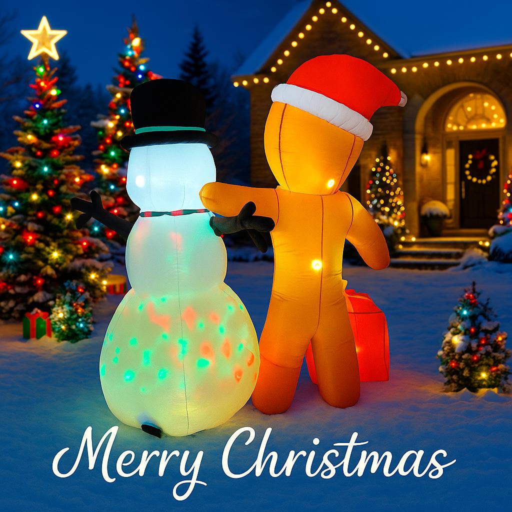 5.91FT Inflatable Gingerbread Man Snowman Set Gift Toy Xmas Yard Decoration Festive Gift LED Lit Christmas Supplie Home Ornament