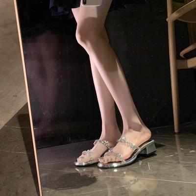 Овчина изысканное слово со стразами высокий толстый каблук сандалии женские шлепанцы