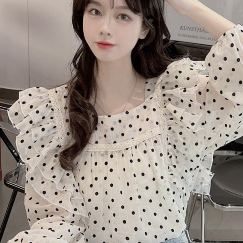 Французская стильная дизайнерская блузка с длинным рукавом для ношения навыпуск из свежего шифона в горошек, женский осенний маленький топ