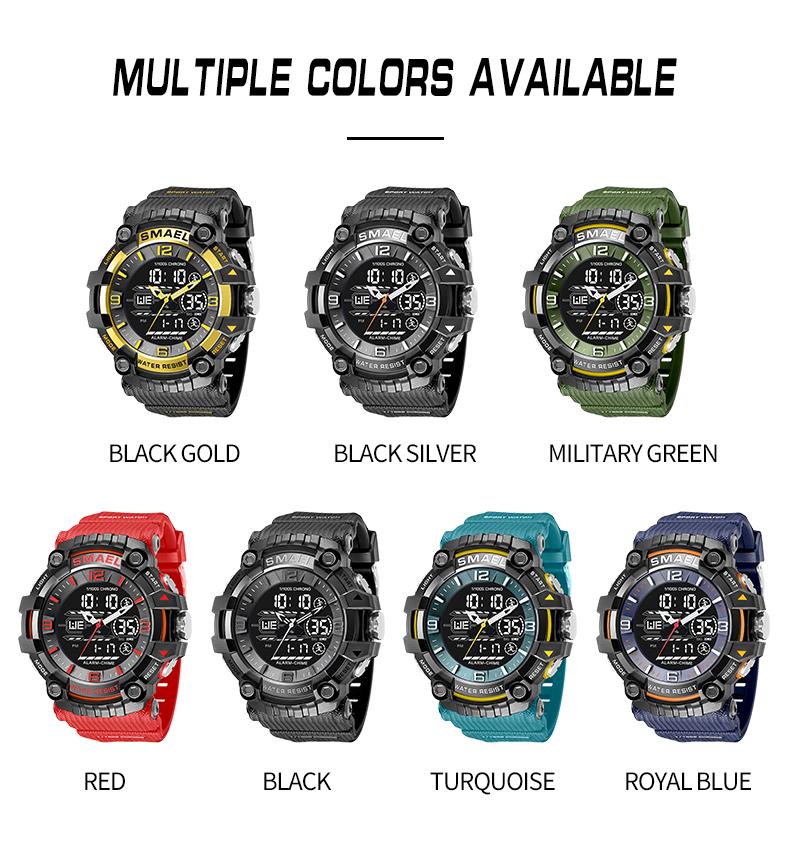 SMAEL Брендовые мужские спортивные часы с двойным дисплеем, аналоговые цифровые светодиодные электронные кварцевые наручные часы, водонепроницаемые военные часы для плавания 8089