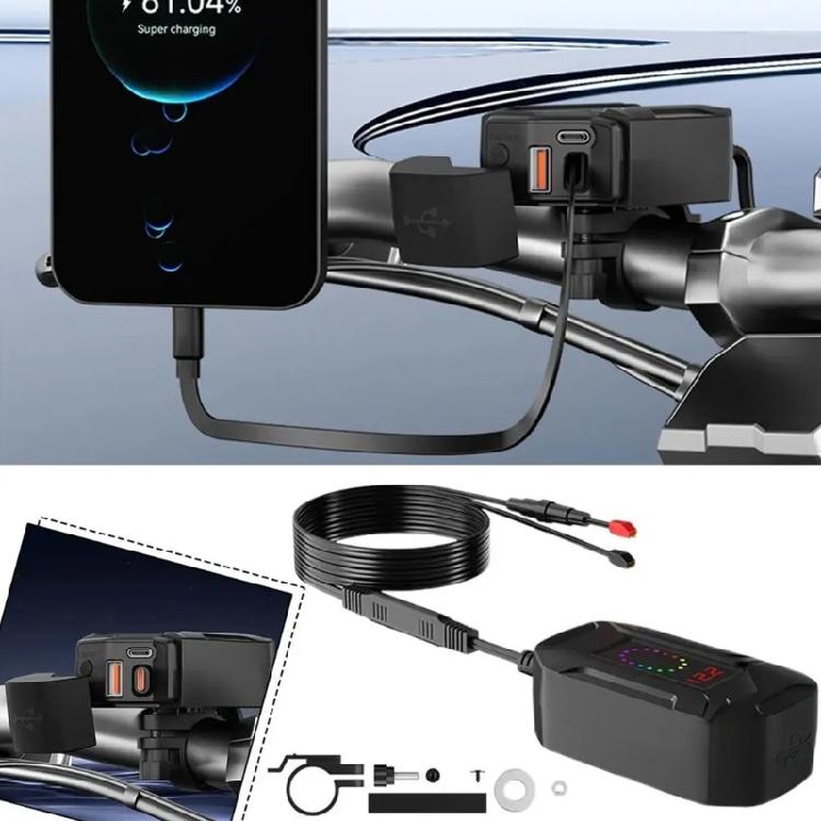 Многофункциональный адаптер питания для зарядки мотоцикла с USB A, USB C и выдвижным кабелем для зарядки нескольких устройств