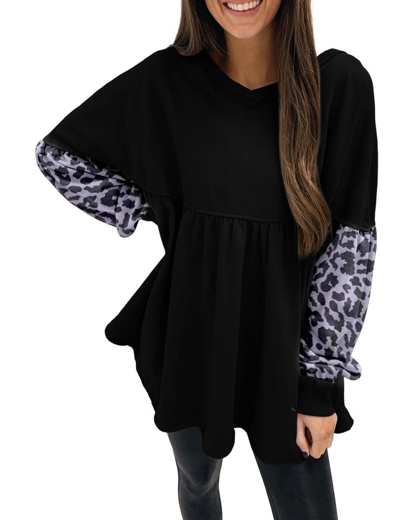 Azura Exchange Leopard Splicing Ruffle Sweatshirt
