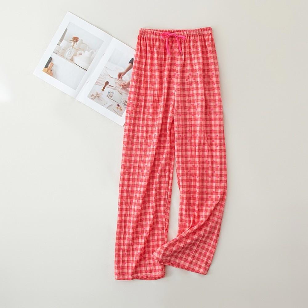 Korean Style Loose Trousers Colorful Drawstring Pants Sweet Plaid Heart Long Pants Office Casual