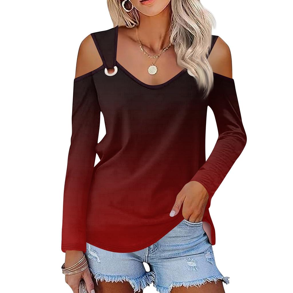Women's Casual Shirt Blouse Print V-neck Sexy Cold Shoulder Long Sleeve Top
