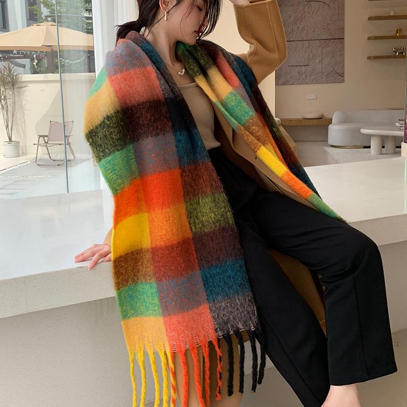 Winter New Scarf Women's Winter Thickened Warm Scarf Colored Plaid Fringed Scarf Shawl Fashionable Outer Cover